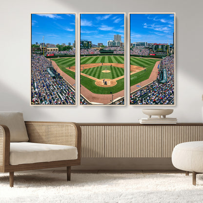 56213978-MGV-CV-36X24-Wrigley Field Baseball Stadium Canvas Wall Art – Packed Crowd Sports Stadium Print, City Skyline Baseball Field Canvas for Game
