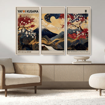 66892669-MGV-FC-48X32-3P_Natural-Japanese Landscape Wall Art – Mount Fuji Canvas Print with Cherry Blossoms and Golden Waves, Traditional Asian Inspired Artwork