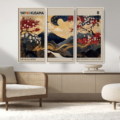 66892669-MGV-FC-48X32-3P_Natural-Japanese Landscape Wall Art – Mount Fuji Canvas Print with Cherry Blossoms and Golden Waves, Traditional Asian Inspired Artwork