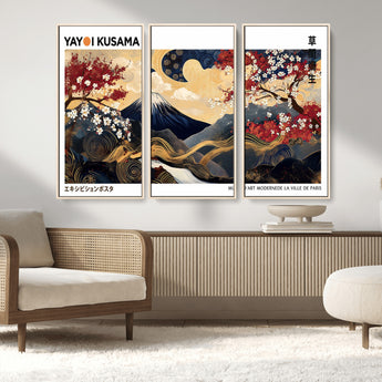 28945903-MGV-FC-48X32-3P_Natural-Japanese Wall Art – Mount Fuji Canvas Print with Cherry Blossoms and Golden Wave Motifs, Traditional Asian Inspired Artwork for