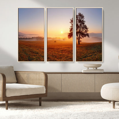 57919623-MGV-CV-36X24-Sunrise Landscape Wall Art – Golden Morning Canvas Print with Tree, Misty Hills and Open Field, Peaceful Nature Photography for