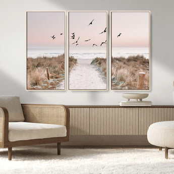 34632598-MGV-CV-36X24-Coastal Pathway Canvas Wall Art – Framed Seaside Landscape, Large Beach and Birds Canvas Print for Home, Office, or Living Room