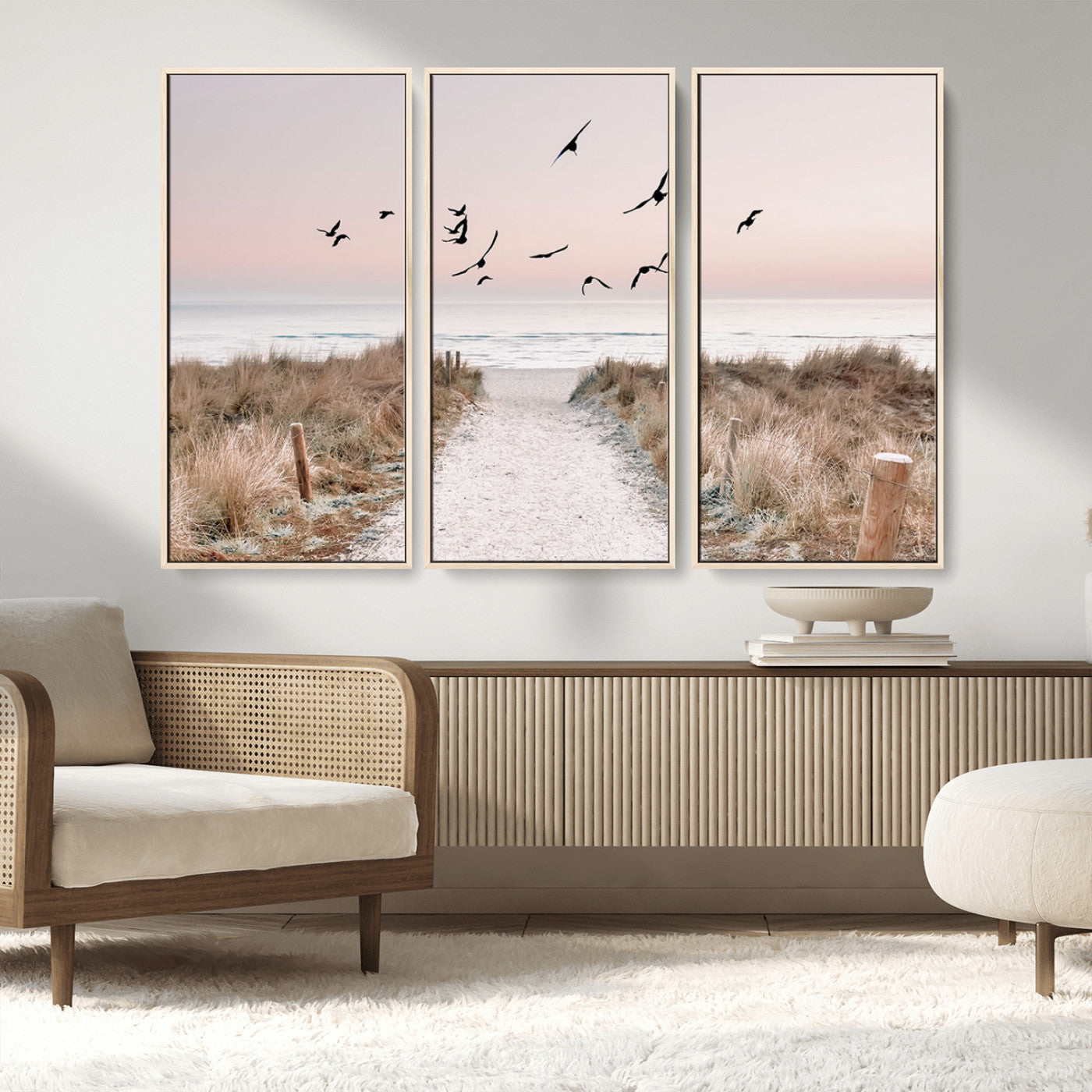 34632598-MGV-FC-48X32-3P_Natural-Beach Pathway Wall Art – Coastal Canvas Print with Sandy Trail, Flying Birds and Pastel Sky, Serene Ocean Landscape Photography