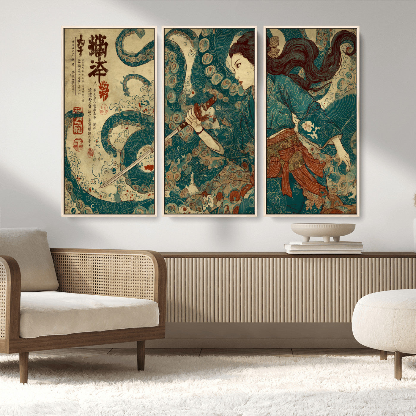 46837670-MGV-CV-36X24-Tsukioka Yoshitoshi Samurai Wall Art Print, Japanese Katana Warrior Canvas Wall Art, Octopus Sea Monster Canvas Print,