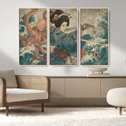 52037775-MGV-CV-36X24-Samurai Woman Wall Art – Japanese Ukiyo e Style Canvas Print with Katana, Ocean Waves and Octopus, Traditional Asian Inspired