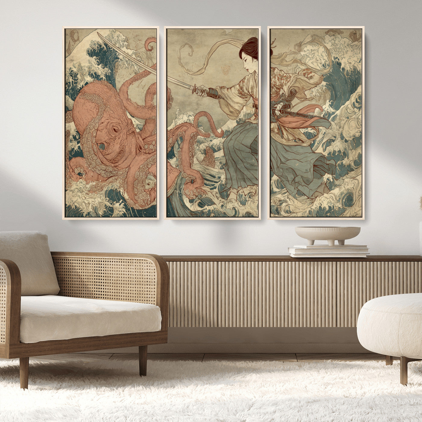 54879547-MGV-FC-48X32-3P_Natural-Samurai Woman Wall Art – Japanese Ukiyo-e Style Canvas Print with Katana and Octopus, Traditional Asian Inspired Battle Artwork