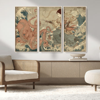 54879547-MGV-FC-48X32-3P_Natural-Samurai Woman Wall Art – Japanese Ukiyo-e Style Canvas Print with Katana and Octopus, Traditional Asian Inspired Battle Artwork