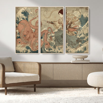 54879547-MGV-FC-48X32-3P_Natural-Samurai Woman Wall Art – Japanese Ukiyo-e Style Canvas Print with Katana and Octopus, Traditional Asian Inspired Battle Artwork