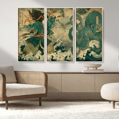 24416422-MGV-FC-48X32-3P_Natural-Samurai vs Octopus Wall Art – Japanese Warrior Ocean Battle Canvas Print, Ukiyo e Inspired Decor for Home, Office, or Man Cave
