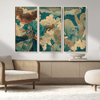 37943964-MGV-CV-36X24-Tsukioka Yoshitoshi Samurai Wall Art Print, Japanese Katana Warrior Canvas Wall Art, Octopus Sea Monster Canvas Print,