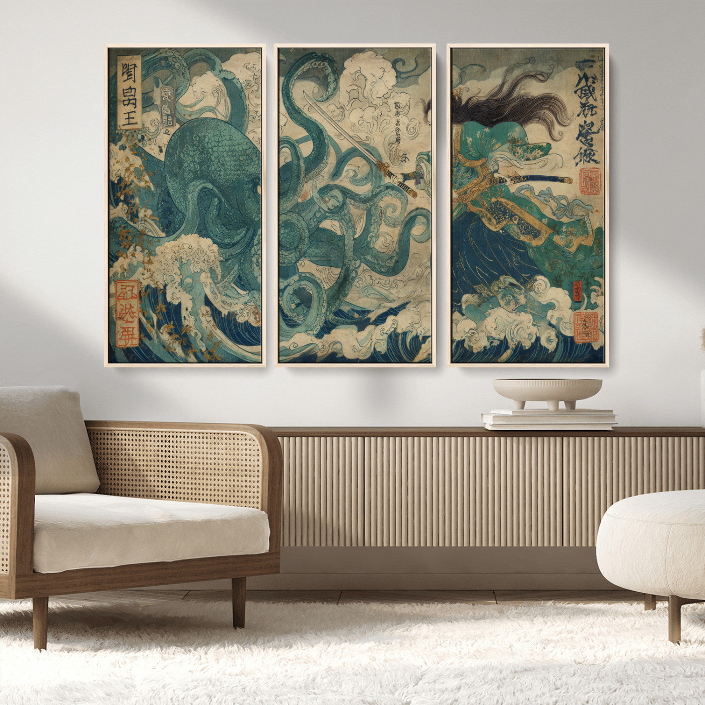 60346622-MGV-CV-36X24-Tsukioka Yoshitoshi Samurai Wall Art Print, Japanese Katana Warrior Canvas Wall Art, Octopus Sea Monster Canvas Print,