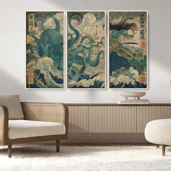 60346622-MGV-CV-36X24-Tsukioka Yoshitoshi Samurai Wall Art Print, Japanese Katana Warrior Canvas Wall Art, Octopus Sea Monster Canvas Print,