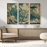 60346622-MGV-FC-48X32-3P_Natural-Samurai Warrior vs Octopus Wall Art – Japanese Ukiyo-e Style Ocean Battle Canvas Print, Traditional Samurai Artwork for Living