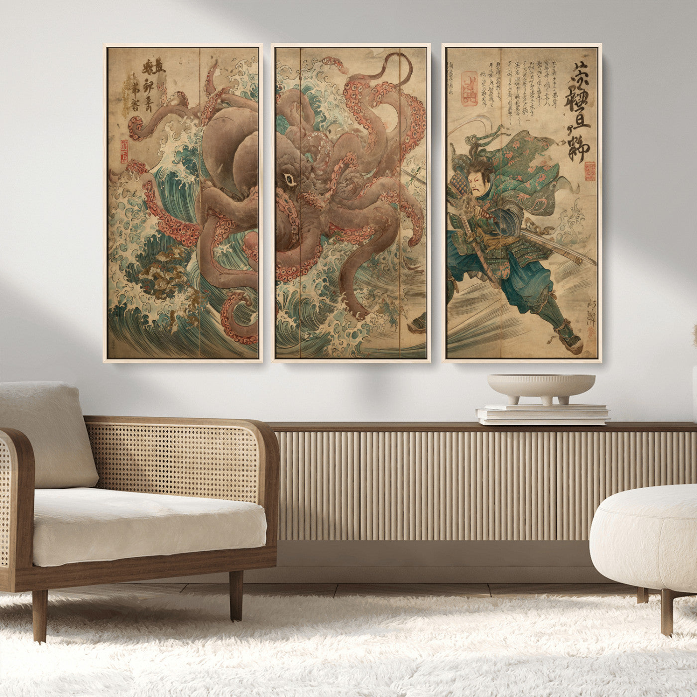 63782167-MGV-CV-36X24-Tsukioka Yoshitoshi Samurai Wall Art Print, Japanese Katana Warrior Canvas Wall Art, Octopus Sea Monster Canvas Print,