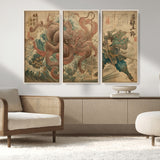 63782167-MGV-CV-36X24-Tsukioka Yoshitoshi Samurai Wall Art Print, Japanese Katana Warrior Canvas Wall Art, Octopus Sea Monster Canvas Print,