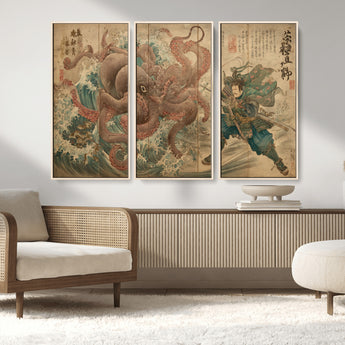 63782167-MGV-CV-36X24-Tsukioka Yoshitoshi Samurai Wall Art Print, Japanese Katana Warrior Canvas Wall Art, Octopus Sea Monster Canvas Print,