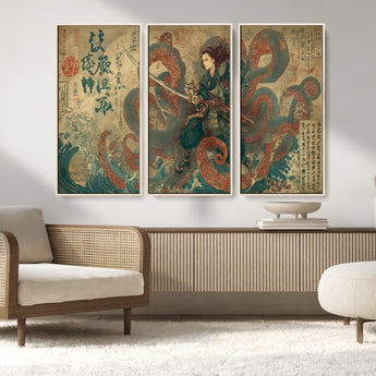 98593115-MGV-CV-36X24-Tsukioka Yoshitoshi Samurai Wall Art Print, Japanese Katana Warrior Canvas Wall Art, Octopus Sea Monster Canvas Print,