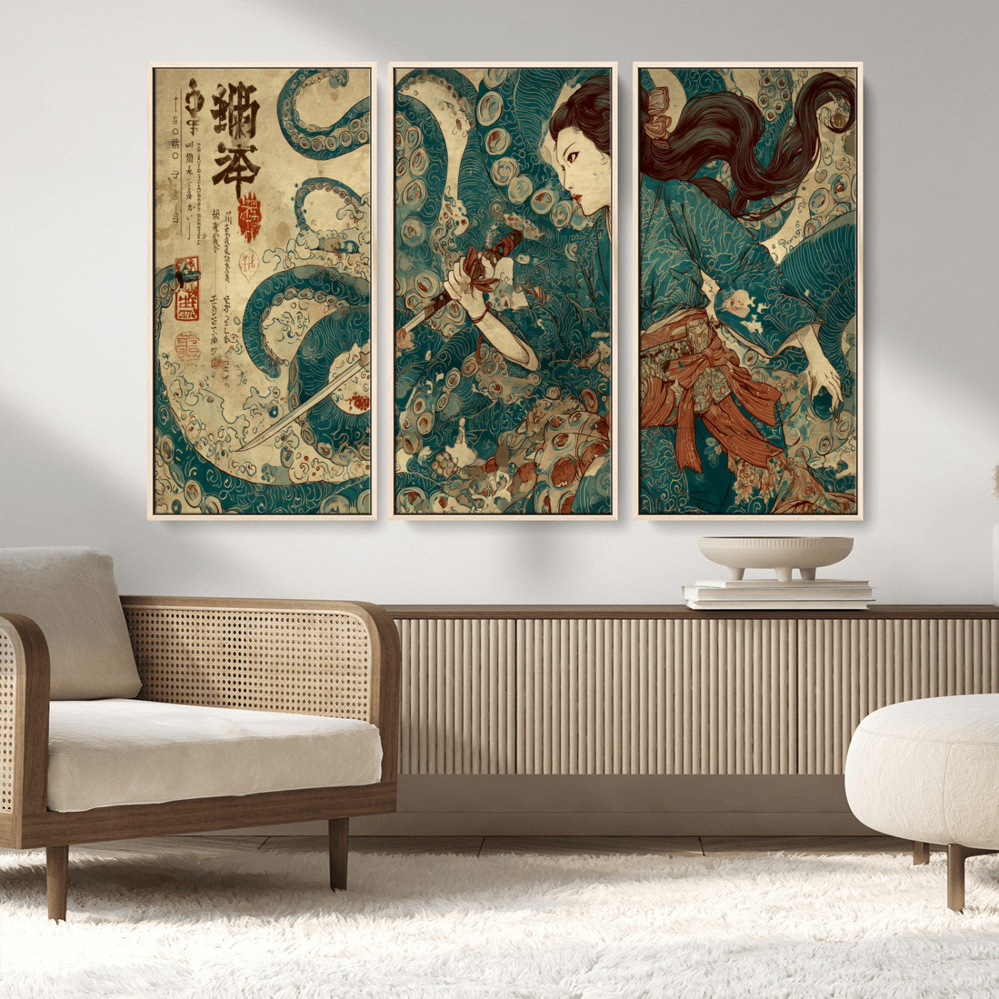 18575670-MGV-CV-36X24-Tsukioka Yoshitoshi Samurai Wall Art Print, Japanese Katana Warrior Canvas Wall Art, Octopus Sea Monster Canvas Print,