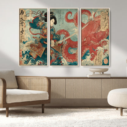 68844327-MGV-CV-36X24-Tsukioka Yoshitoshi Samurai Wall Art Print, Japanese Katana Warrior Canvas Wall Art, Octopus Sea Monster Canvas Print,
