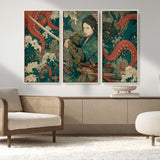 35461724-MGV-CV-36X24-Samurai Woman vs Octopus Wall Art – Japanese Ukiyo-e Ocean Waves Canvas Print, Red Tentacle Battle Artwork for Living Room,