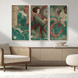 91666601-MGV-FC-48X32-3P_Natural-Samurai Woman vs Octopus Wall Art – Japanese Ukiyo-e Green Robe Canvas Print, Ocean Battle Artwork for Living Room, Office, Man
