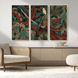 18902796-MGV-FC-48X32-3P_Natural-Samurai Woman vs Octopus Wall Art – Japanese Ukiyo-e Green Kimono Canvas Print, Ocean Battle Scene Artwork for Living Room,