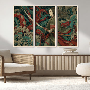 18902796-MGV-FC-48X32-3P_Natural-Samurai Woman vs Octopus Wall Art – Japanese Ukiyo-e Green Kimono Canvas Print, Ocean Battle Scene Artwork for Living Room,