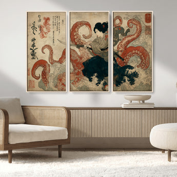 82737246-MGV-FC-48X32-3P_Natural-Samurai Woman vs Octopus Wall Art – Japanese Ukiyo-e Dual Sword Canvas Print, Red Tentacle Ocean Battle Artwork for Living Room,