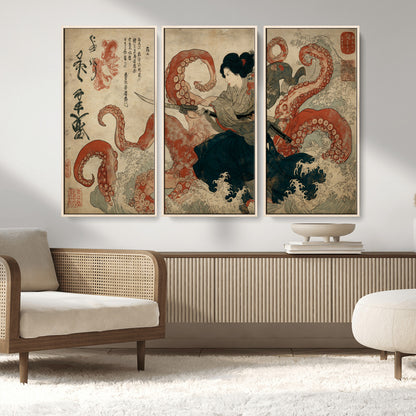 82737246-MGV-FC-48X32-3P_Natural-Samurai Woman vs Octopus Wall Art – Japanese Ukiyo-e Dual Sword Canvas Print, Red Tentacle Ocean Battle Artwork for Living Room,