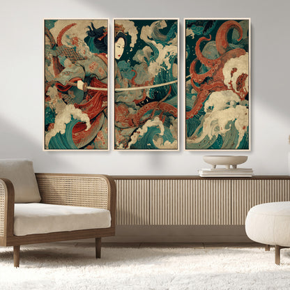30212982-MGV-FC-48X32-3P_Natural-Samurai Woman vs Octopus Wall Art – Japanese Ukiyo-e Style Warrior and Sea Monster Canvas Print, Mythology Inspired Artwork for