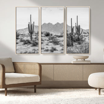 97436PHN-MGV-FC-48X32-3P_Natural-Desert Landscape Wall Art – Black and White Cactus and Mountain Canvas Print, Southwestern Nature Photography for Living Room,