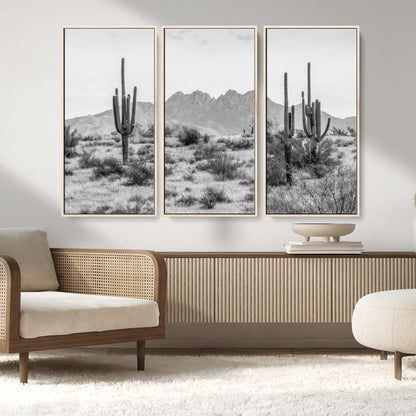 97436PHN-MGV-FC-48X32-3P_Natural-Desert Landscape Wall Art – Black and White Cactus and Mountain Canvas Print, Southwestern Nature Photography for Living Room,