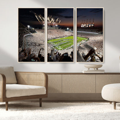 Penn-MGV-FC-48X32-3P_Natural-Football Stadium Wall Art – Panoramic Night Game Canvas Print, Packed Crowd with Fireworks, Sports Decor for Office, Man Cave, Bar
