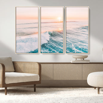 34064591-MGV-FC-48X32-3P_Natural-Surfing Wall Art – Sunset Ocean Wave Canvas Print, Surfer Riding Sea Photography Decor for Bedroom, Living Room, Office, Coastal