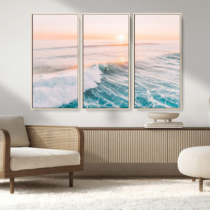 34064591-MGV-FC-48X32-3P_Natural-Surfing Wall Art – Sunset Ocean Wave Canvas Print, Surfer Riding Sea Photography Decor for Bedroom, Living Room, Office, Coastal