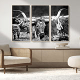 15425553-MGV-CV-36X24-Western Wall Art – Longhorn Cattle Black and White Canvas Print, Rustic Ranch Photography Decor for Bedroom, Living Room, Office,