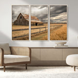 21991117-MGV-FC-48X32-3P_Natural-Rustic Barn Wall Art – Weathered Farmhouse Canvas Print, Stormy Sky and Golden Field Photography Decor for Bedroom, Living Room,
