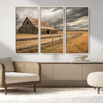 21991117-MGV-FC-48X32-3P_Natural-Rustic Barn Wall Art – Weathered Farmhouse Canvas Print, Stormy Sky and Golden Field Photography Decor for Bedroom, Living Room,