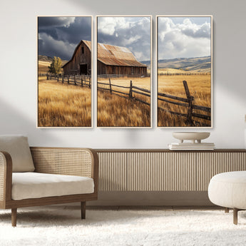 23718739-MGV-FC-48X32-3P_Natural-Farmhouse Wall Art – Rustic Barn and Golden Wheat Field Canvas Print, Country Landscape Photography Decor for Bedroom, Living