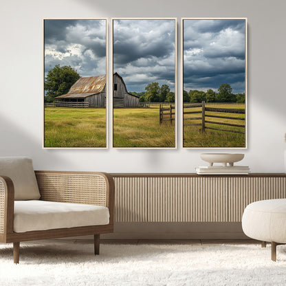 39409517-MGV-FC-48X32-3P_Natural-Rustic Barn Wall Art – Weathered Farmhouse and Storm Clouds Canvas Print, Country Landscape Photography Decor for Bedroom, Living