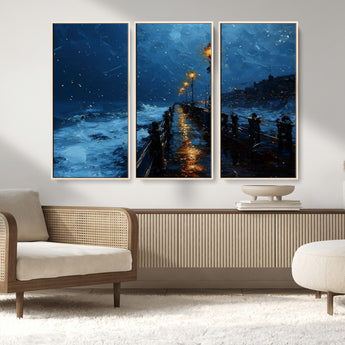 48300530-MGV-CV-36X24-Dark Stormy Pier Canvas Wall Art – Moody Ocean Night Scene with Street Lamps, Blue Coastal Seascape Print for Bedroom, Office, or