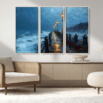 93793246-MGV-FC-48X32-3P_Natural-Stormy Night Pier Canvas Wall Art – Moody Ocean Landscape with Lights, Blue Coastal Seascape Print for Bedroom, Living Room,