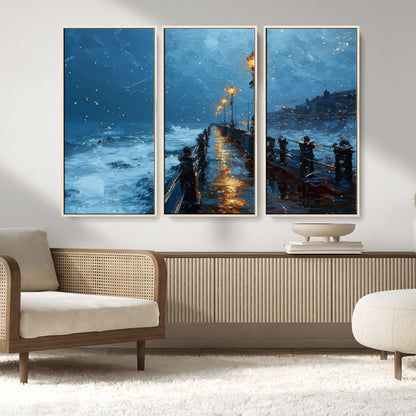 93793246-MGV-FC-48X32-3P_Natural-Stormy Night Pier Canvas Wall Art – Moody Ocean Landscape with Lights, Blue Coastal Seascape Print for Bedroom, Living Room,