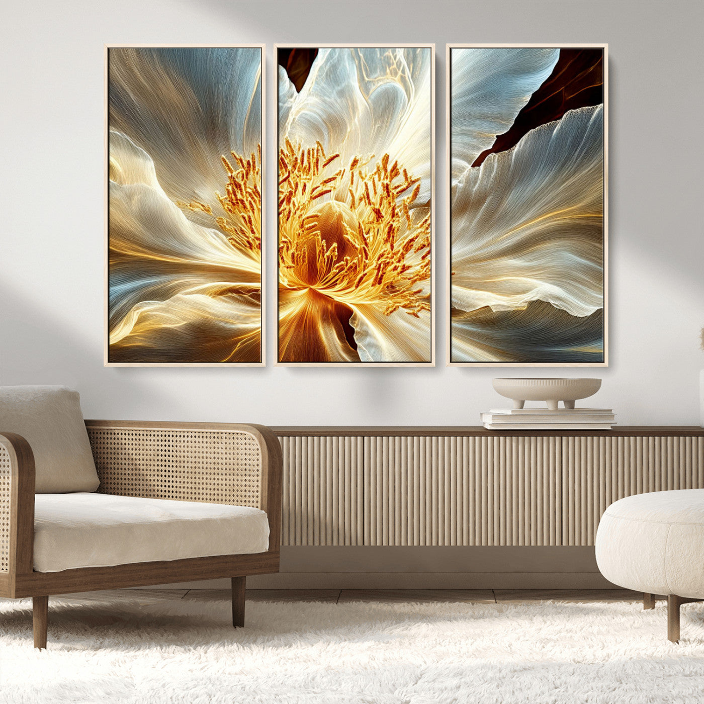20862576-MGV-FC-48X32-3P_Natural-Golden Abstract Flower Canvas Wall Art – Modern Botanical Bloom Print, Elegant Floral Artwork for Living Room, Bedroom, Office