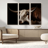 27414857-MGV-CV-36X24-Texas Longhorn Bull Canvas Wall Art – Rustic Western Farmhouse Decor, Brown & White Cow Portrait, Animal Print for Ranch Home