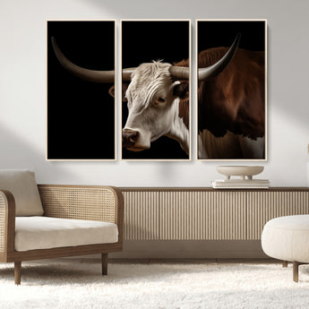 27414857-MGV-CV-36X24-Texas Longhorn Bull Canvas Wall Art – Rustic Western Farmhouse Decor, Brown & White Cow Portrait, Animal Print for Ranch Home