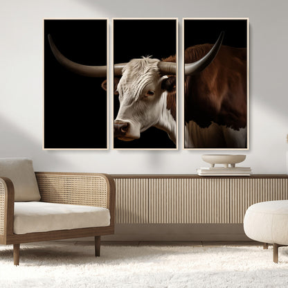 27414857-MGV-CV-36X24-Texas Longhorn Bull Canvas Wall Art – Rustic Western Farmhouse Decor, Brown & White Cow Portrait, Animal Print for Ranch Home