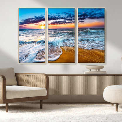 24077769-MGV-CV-36X24-Sunset Beach Wall Art – Ocean Waves Canvas Print, Golden Shoreline Photography Coastal Decor for Living Room, Bedroom, Office,