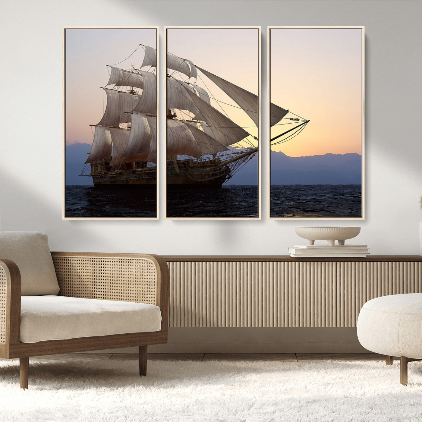 99957679-MGV-CV-36X24-Majestic Sailing Ship Wall Art – Sunset Ocean Voyage, Classic Tall Ship with Wind Filled Sails Canvas Print for Home, Office,