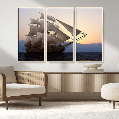 99957679-MGV-CV-36X24-Majestic Sailing Ship Wall Art – Sunset Ocean Voyage, Classic Tall Ship with Wind Filled Sails Canvas Print for Home, Office,